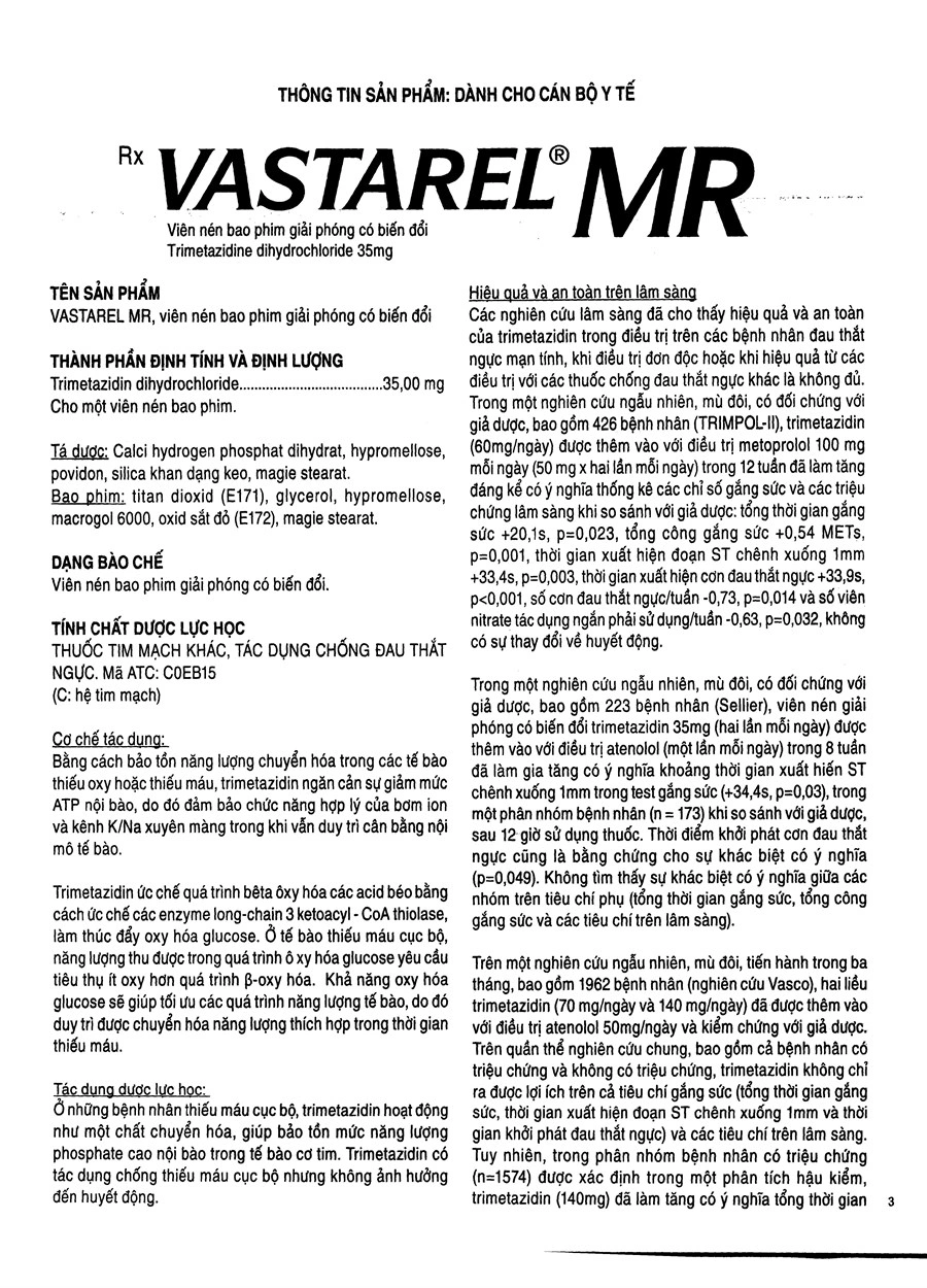 Vastarel MR 35mg kết hợp với các thuốc khác để trị đau thắt ngực (2 vỉ x 30 viên) - 5